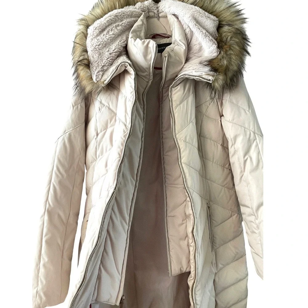 Jones New York Women's Cream Quilted‎ Faux Fur Hood Puffer Coat Size S